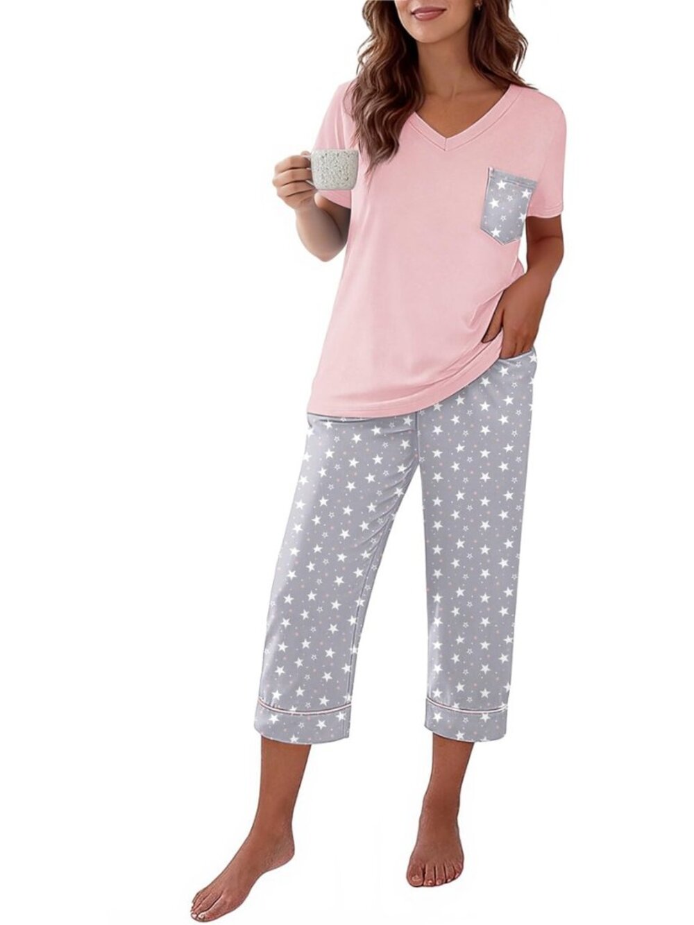 Cotton Pajamas for Women Set Short Sleeve Top and Capri Pants